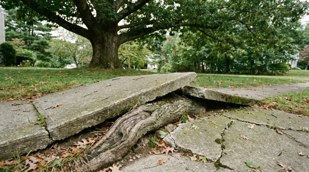 Why Tree Roots Lift Sidewalks (And Whose Responsibility It Is in Massachusetts) 3 Sidewalk lifted by roots — Norfolk Tree Service, MA